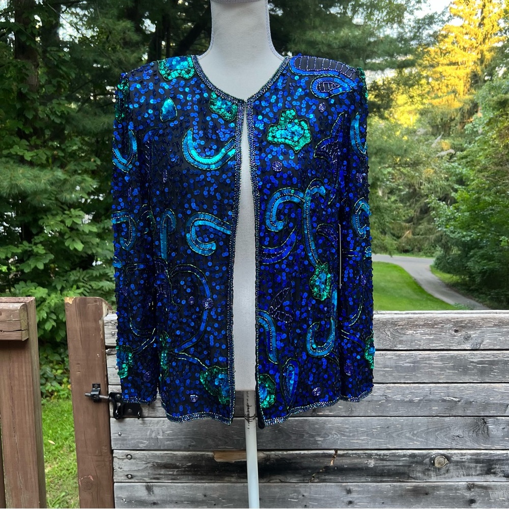 Vintage Laurence Kazar full Sequin and Beaded Blue and Green Silk Blazer Jacket - Picture 3 of 17
